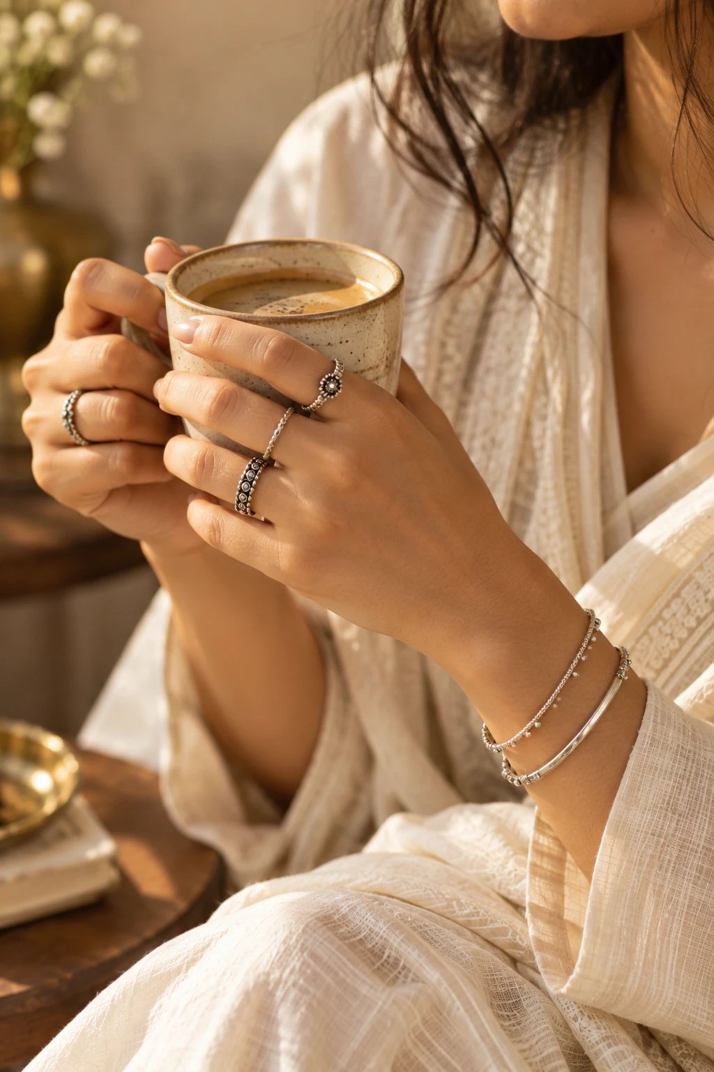 Hands around a coffee mug wearing stacked silver rings and bracelets