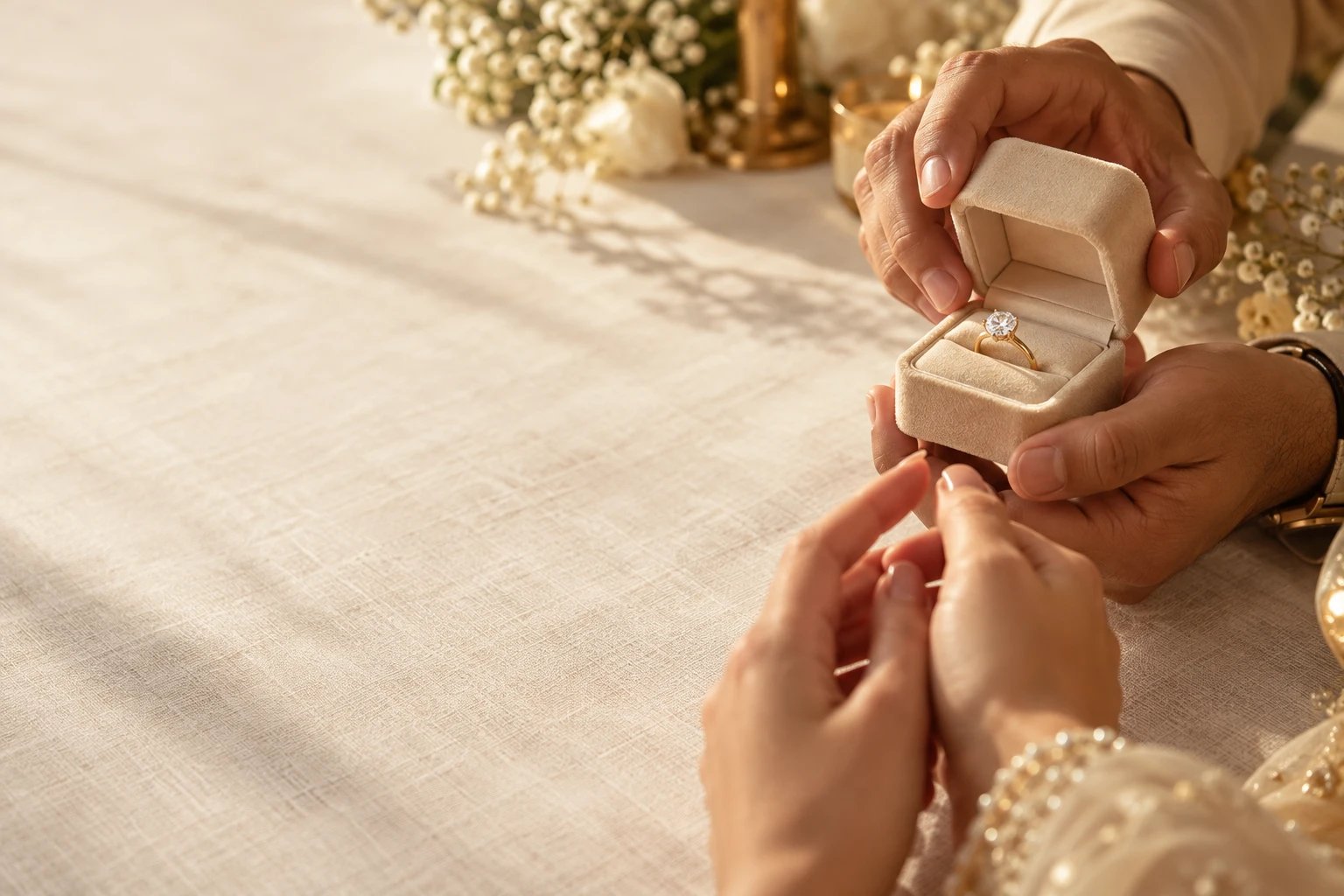 Hands opening a ring box with a solitaire diamond ring across a linen table
