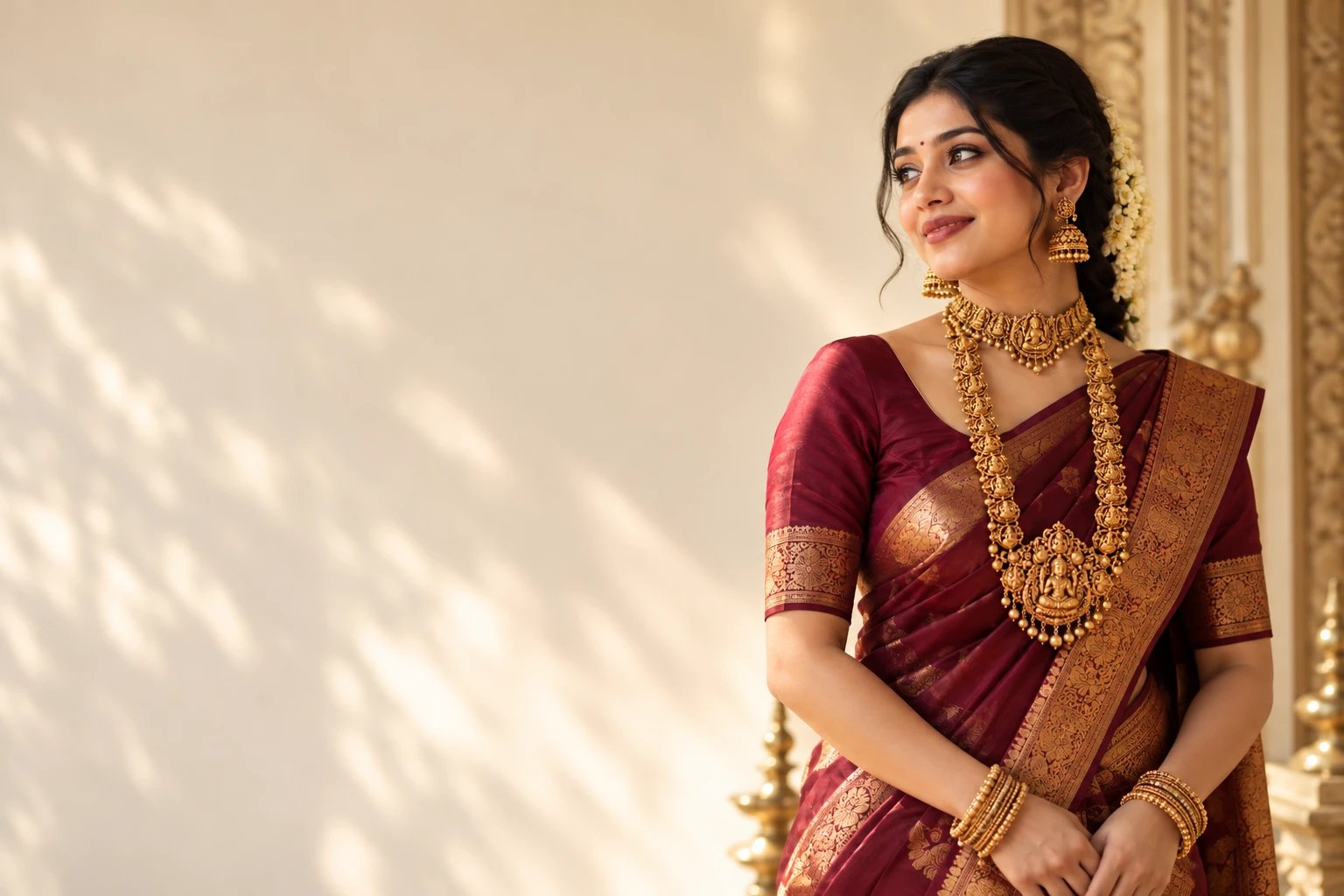 South Indian bride in a maroon Kanjeevaram saree wearing a temple gold Lakshmi haram and jhumkas