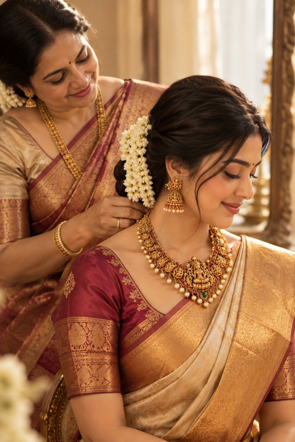 Mother fastening a temple gold necklace on her daughter before the wedding